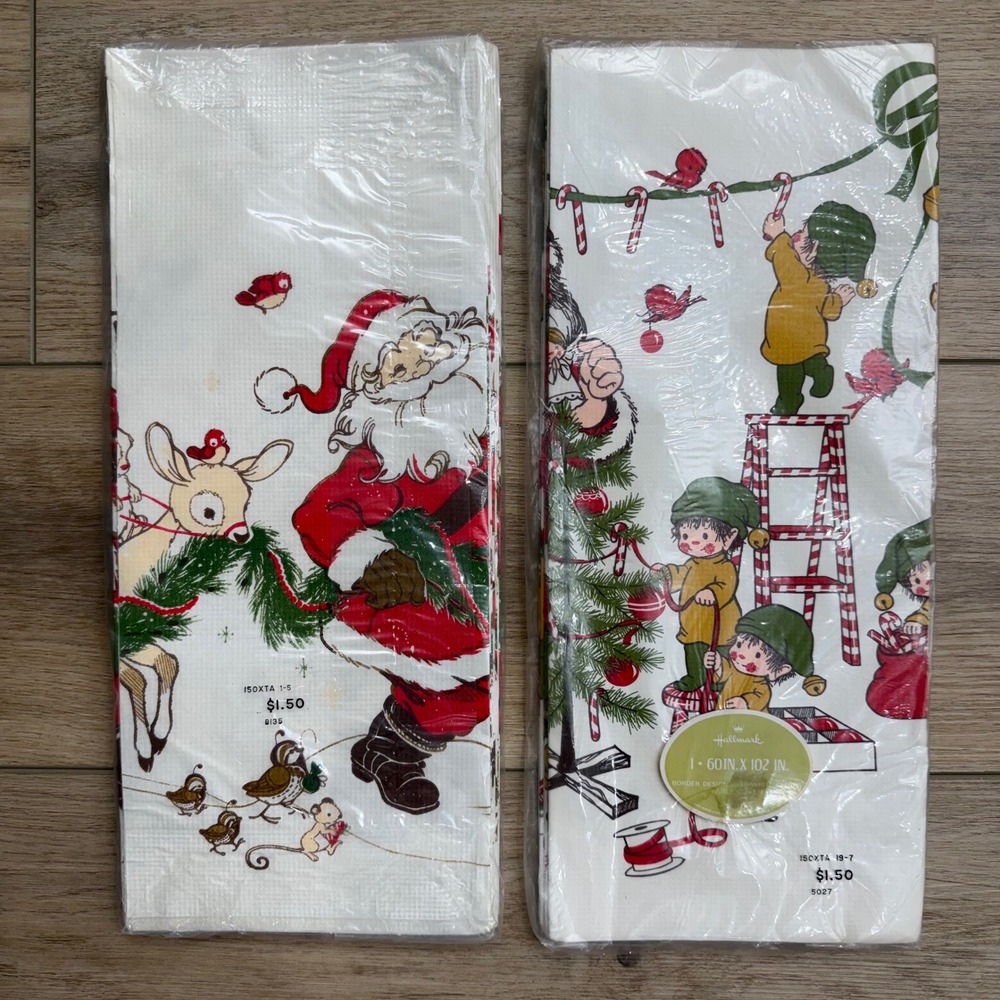 Vintage Hallmark Christmas Tablecloth 60x102 Border Design‎ Santa Reindeer Elves